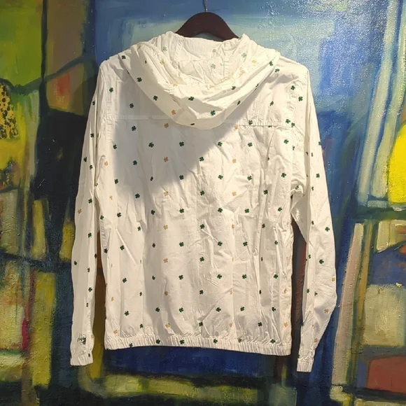 Denim & Flower White Hooded Jacket w/ Shamrock 🍀 Print  🍀💰🍀🌈💰 Men's Medium - Picture 7 of 15